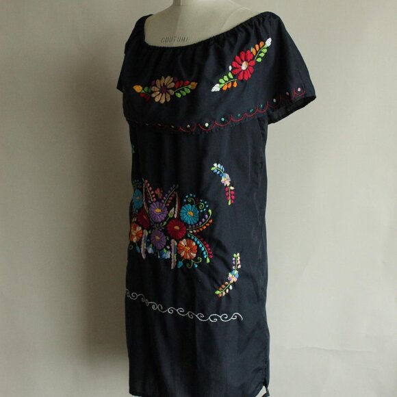 Vintage 1980s 1990s Dress, Volup Navy Blue Mexican Oaxaca Embroidered Floral - Picture 7 of 9